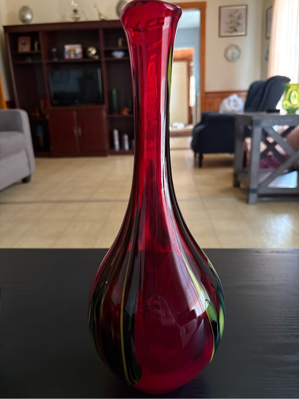 Pier 1 Imports Red Blown Glass Vase with Yellow, Green & Black Swirl - Picture 2 of 7